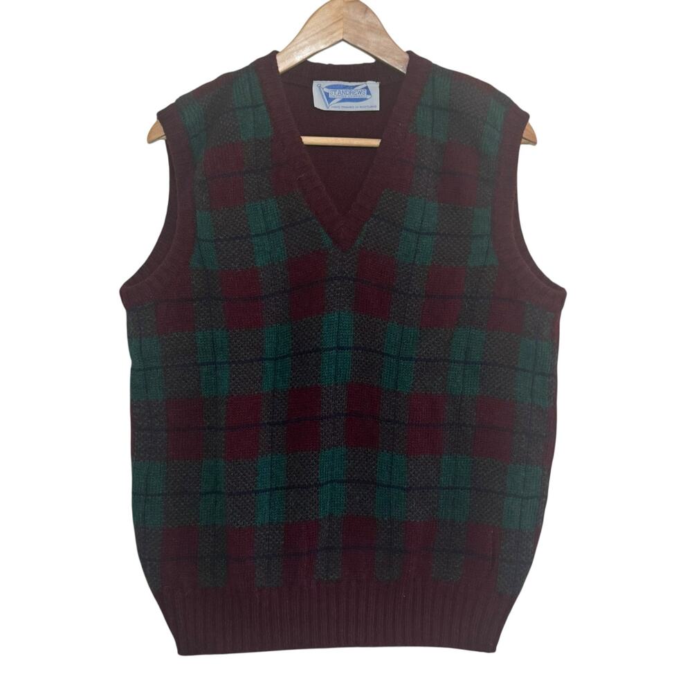 St Andrews Knitting Company 100% Shetland Wool Maroon Green Plaid Sweater Vest